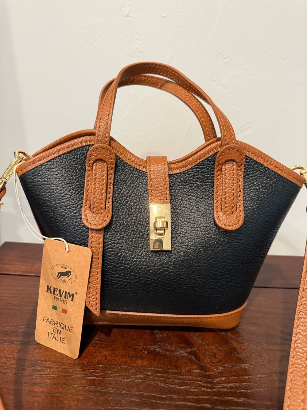 NWT authentic Paris Black & Tan Leather mini tote Bag with Gold.  Kevim Paris.